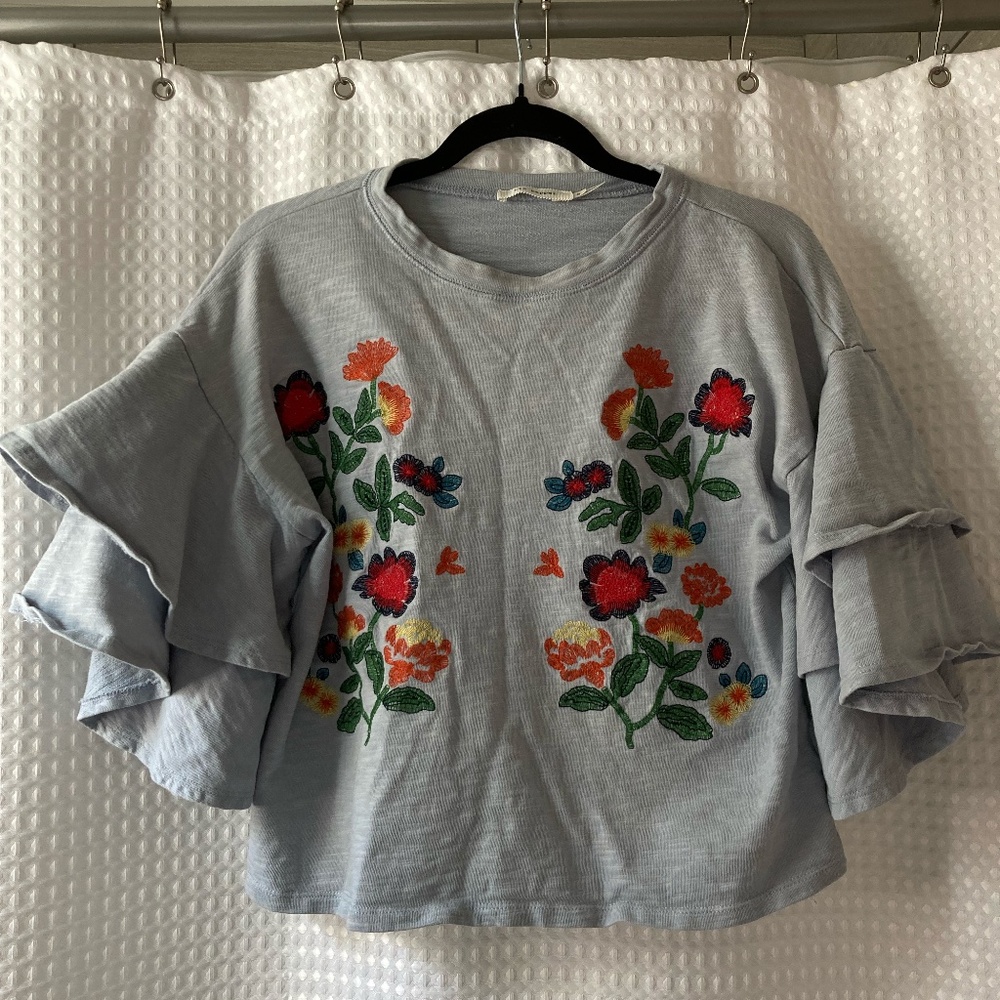 Blu Pepper Blue Embroidered Floral Top